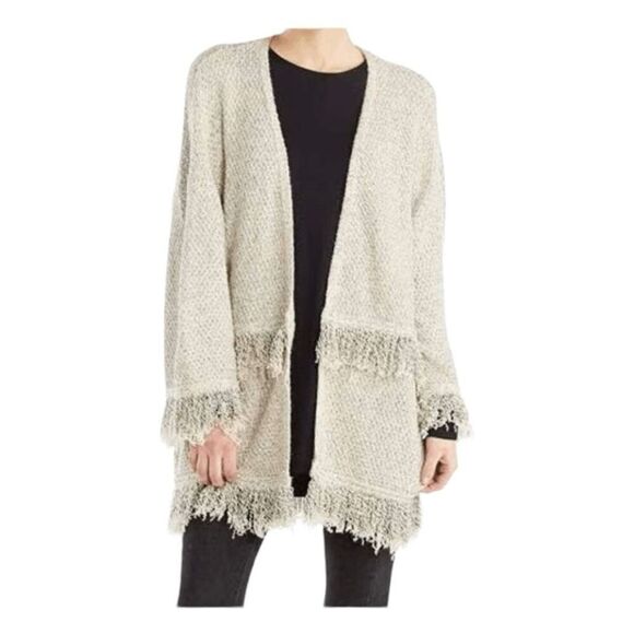 Mud Pie Livvy Fringe Cardigan Sweater Cream Grey Knit Open Front S/M - Picture 1 of 9